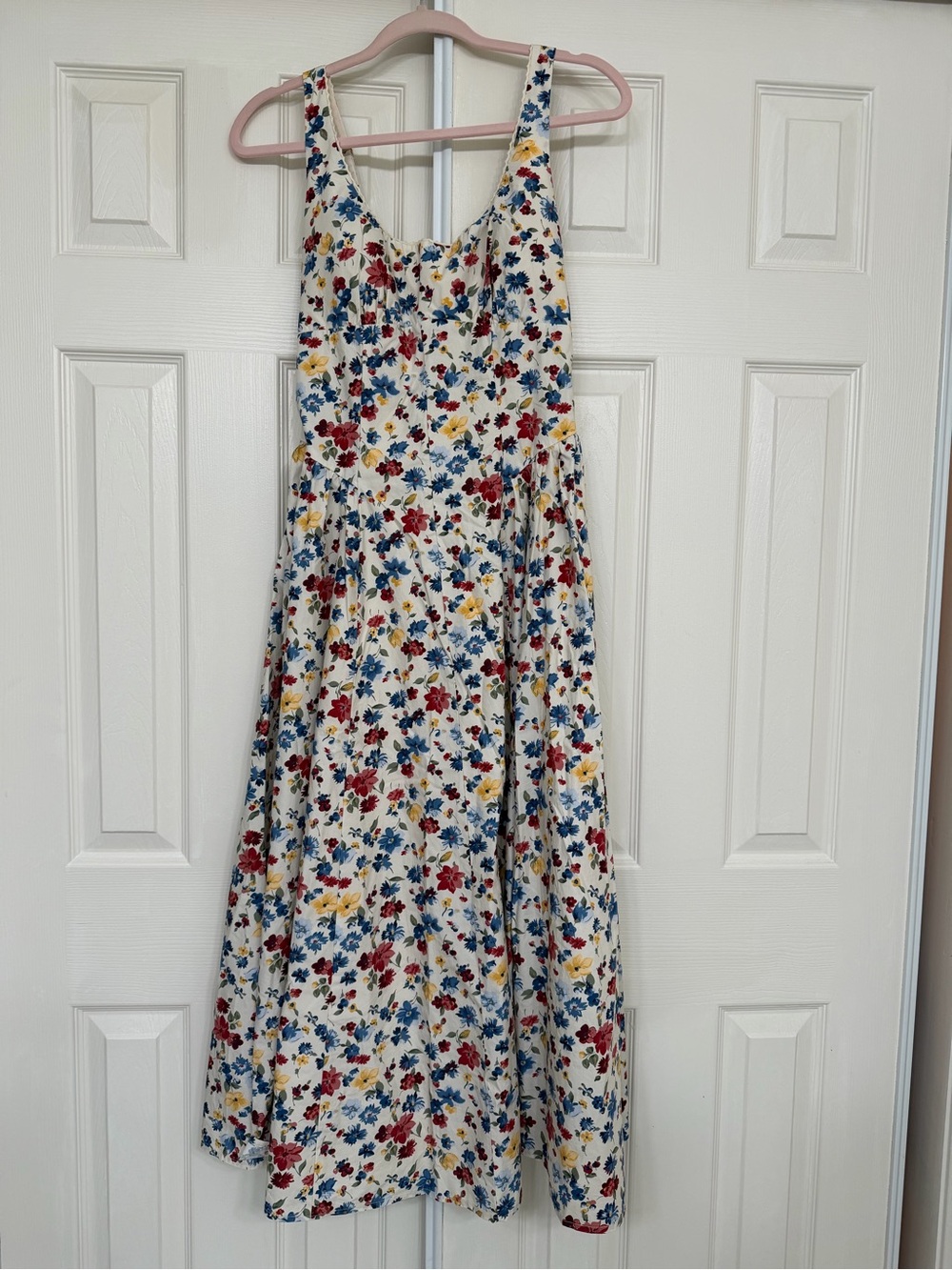 Abercrombie & Fitch Cream Midi Dress with Blue, Pink & Yellow Floral Print - Picture 5 of 7